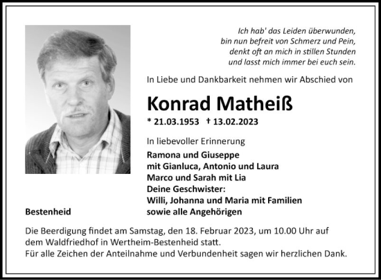 Traueranzeige von Konrad Matheiß von Fränkische Nachrichten