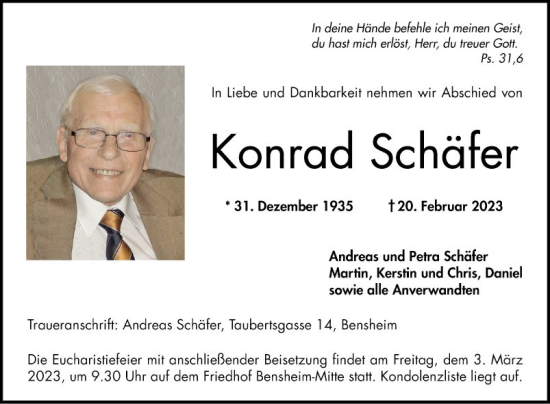 Traueranzeige von Konrad Schäfer von Bergsträßer Anzeiger