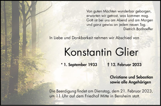 Traueranzeige von Konstantin Glier von Bergsträßer Anzeiger