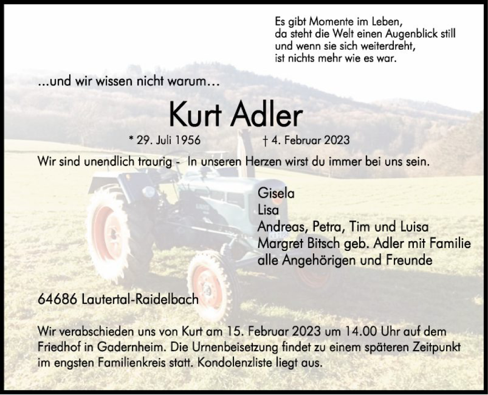  Traueranzeige für Kurt Adler vom 11.02.2023 aus Bergsträßer Anzeiger