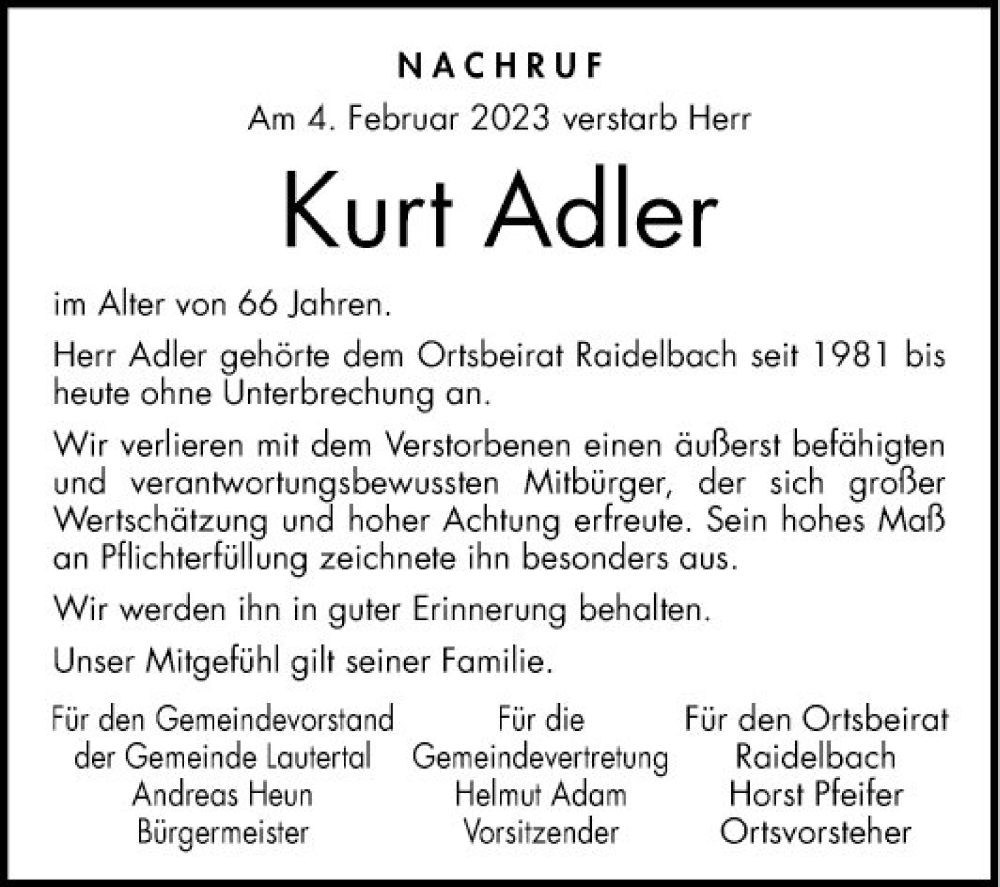  Traueranzeige für Kurt Adler vom 14.02.2023 aus Bergsträßer Anzeiger