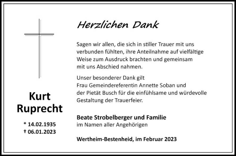  Traueranzeige für Kurt Ruprecht vom 04.02.2023 aus Fränkische Nachrichten
