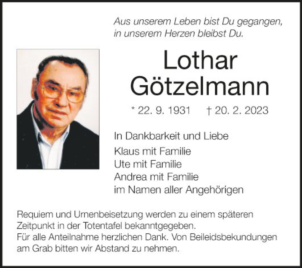  Traueranzeige für Lothar Götzelmann vom 25.02.2023 aus Fränkische Nachrichten