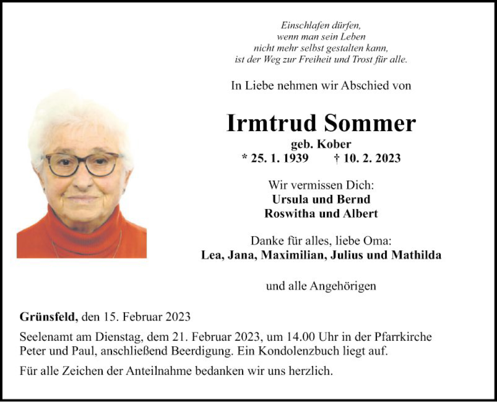  Traueranzeige für lrmtrud Sommer vom 15.02.2023 aus Fränkische Nachrichten