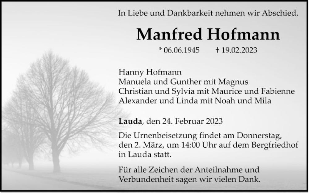  Traueranzeige für Manfred Hofmann vom 24.02.2023 aus Fränkische Nachrichten