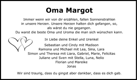 Traueranzeige von Margot  von Fränkische Nachrichten