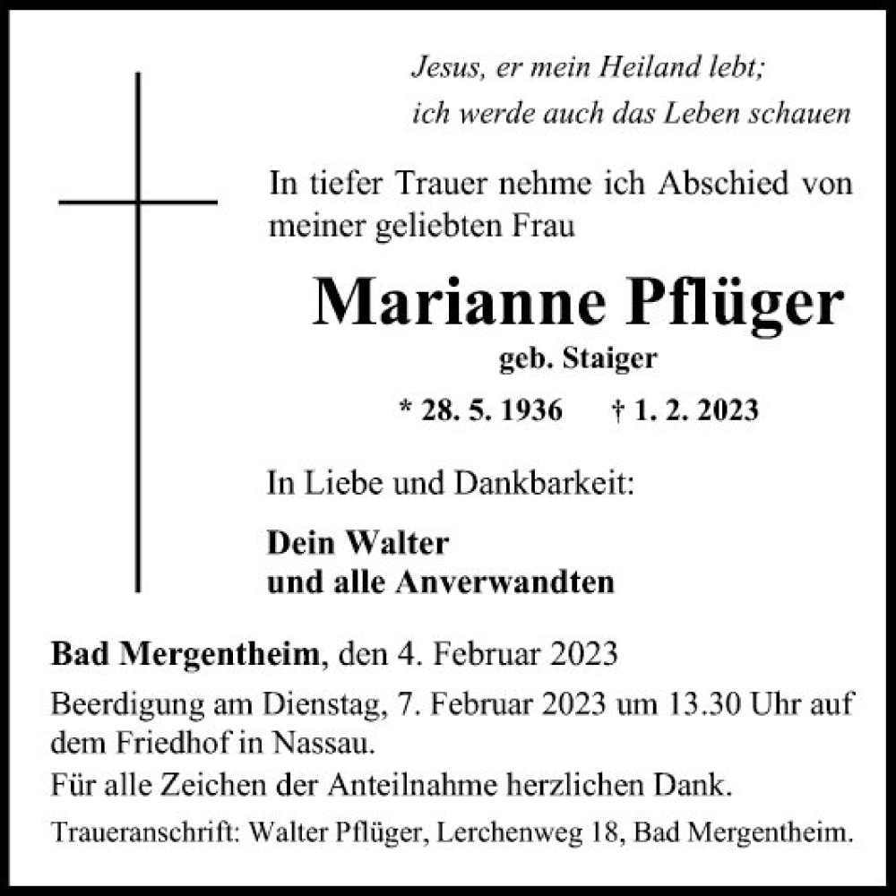  Traueranzeige für Marianne Pflüger vom 04.02.2023 aus Fränkische Nachrichten
