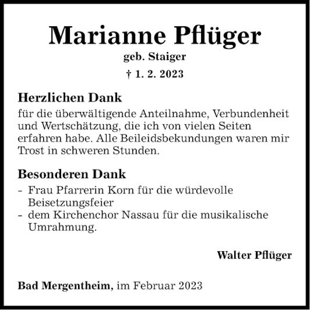 Traueranzeige für Marianne Pflüger vom 25.02.2023 aus Fränkische Nachrichten