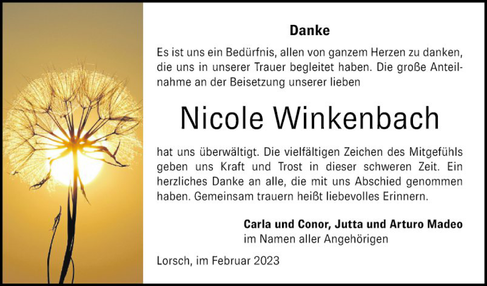  Traueranzeige für Nicole Winkenbach vom 11.02.2023 aus Bergsträßer Anzeiger