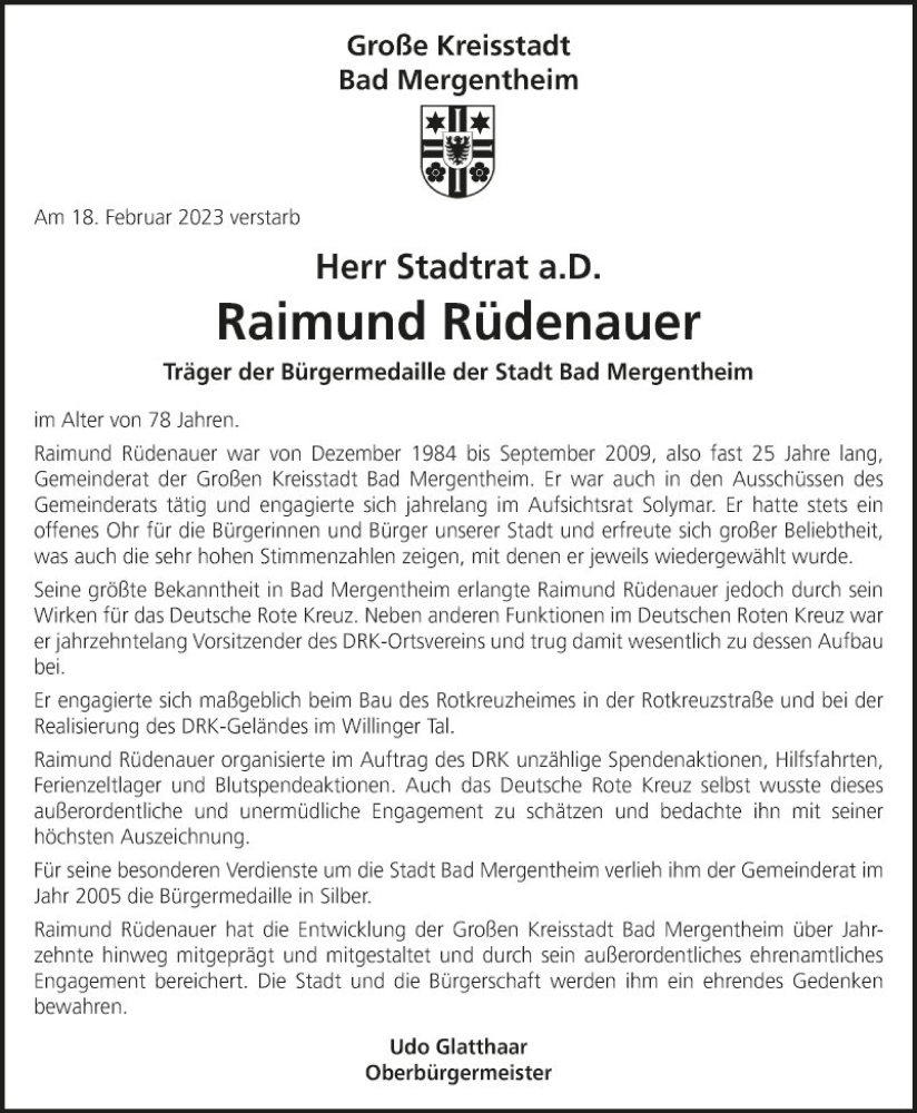  Traueranzeige für Raimund Rüdenauer vom 25.02.2023 aus Fränkische Nachrichten
