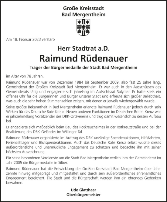 Traueranzeige von Raimund Rüdenauer von Fränkische Nachrichten