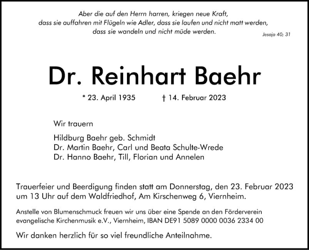  Traueranzeige für Reinhart Baehr vom 18.02.2023 aus Mannheimer Morgen