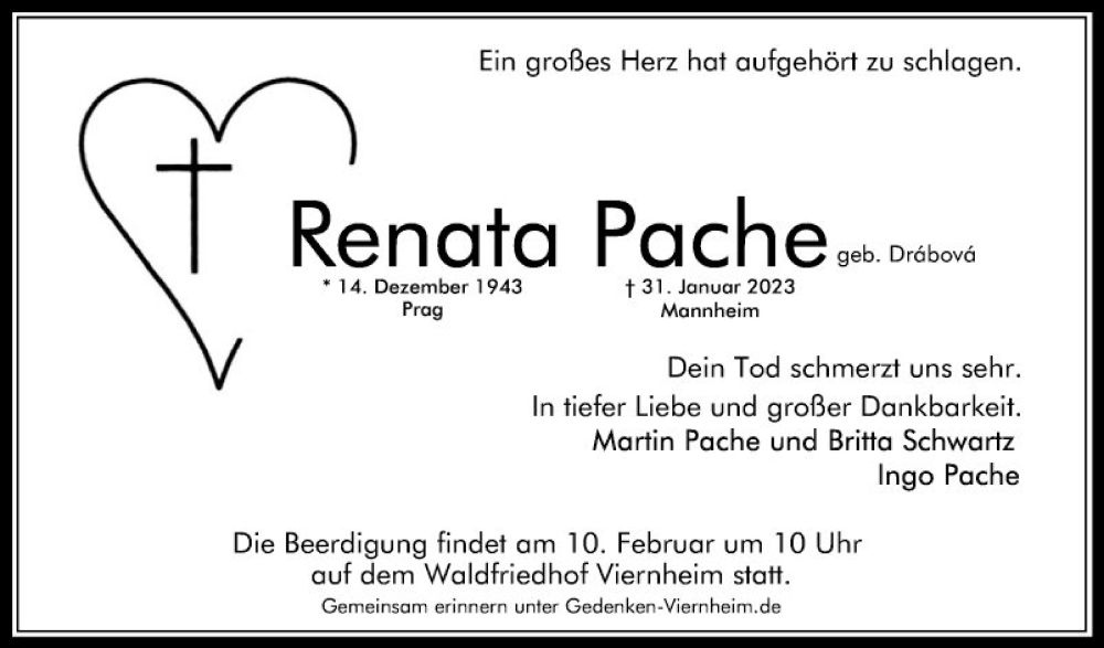  Traueranzeige für Renata  Pache vom 04.02.2023 aus Mannheimer Morgen