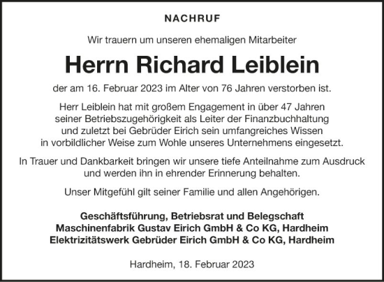 Traueranzeige von Richard Leiblein von Fränkische Nachrichten