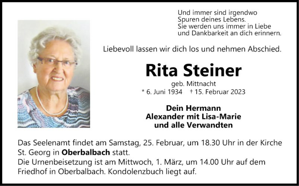  Traueranzeige für Rita Steiner vom 23.02.2023 aus Fränkische Nachrichten