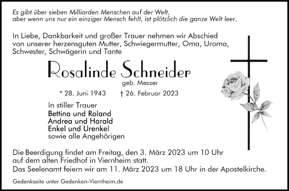  Traueranzeige für Rosalinde Schneider vom 01.03.2023 aus Mannheimer Morgen