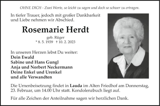 Traueranzeige von Rosemarie Herdt von Fränkische Nachrichten