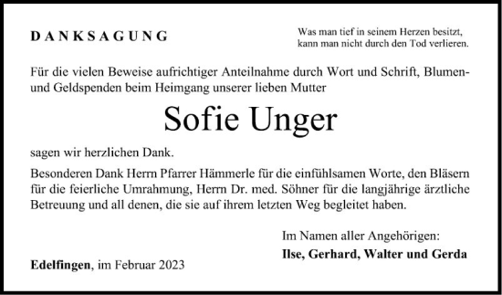 Traueranzeige von Sofie Unger von Fränkische Nachrichten