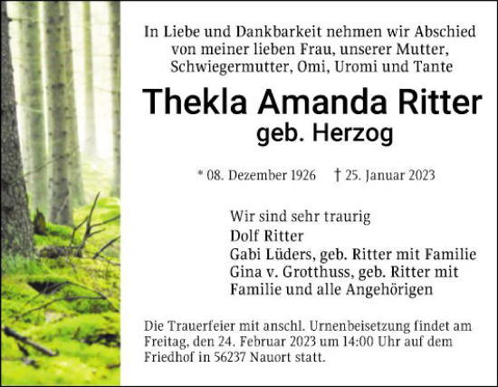 Traueranzeige von Thekla Amanda Ritter von Mannheimer Morgen