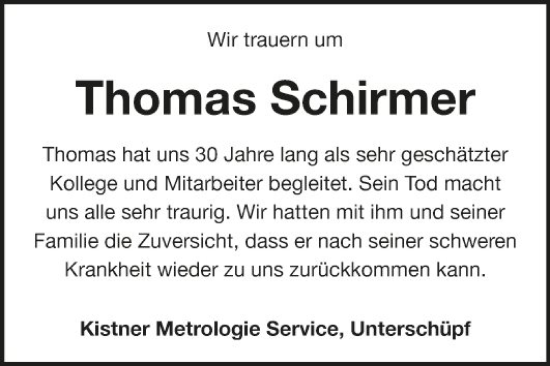Traueranzeige von Thomas Schirmer von Fränkische Nachrichten