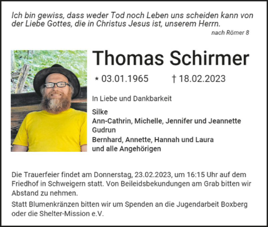 Traueranzeige von Thomas Schirmer von Fränkische Nachrichten