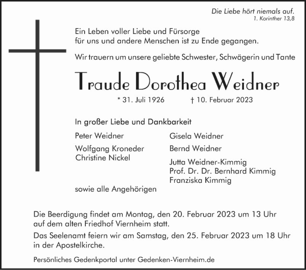  Traueranzeige für Traude Dorothea Weidner vom 18.02.2023 aus Mannheimer Morgen
