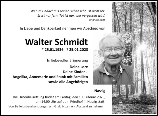 Traueranzeige von Walter Schmidt von Fränkische Nachrichten