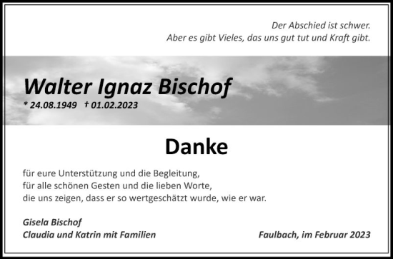Traueranzeige von Walter Ignaz Bischof von Fränkische Nachrichten