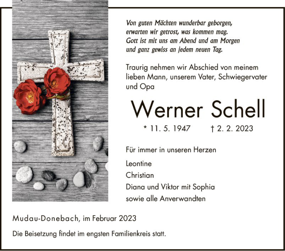  Traueranzeige für Werner Schell vom 04.02.2023 aus Fränkische Nachrichten