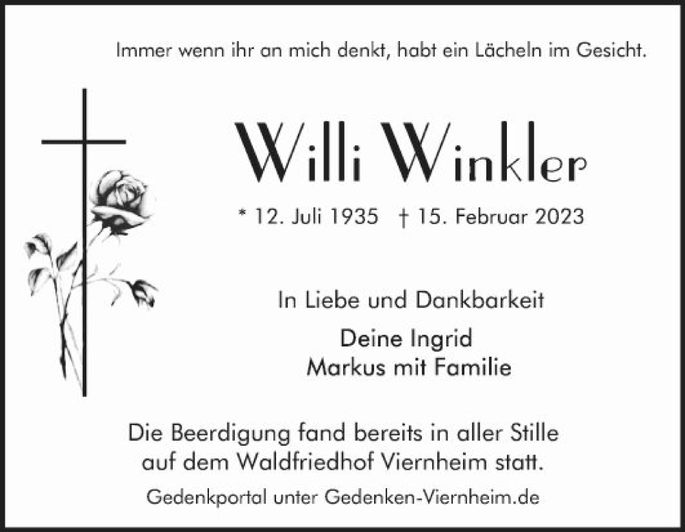  Traueranzeige für Willi Winkler vom 25.02.2023 aus Mannheimer Morgen