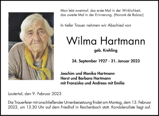 Traueranzeige von Wilma Hartmann von Bergsträßer Anzeiger