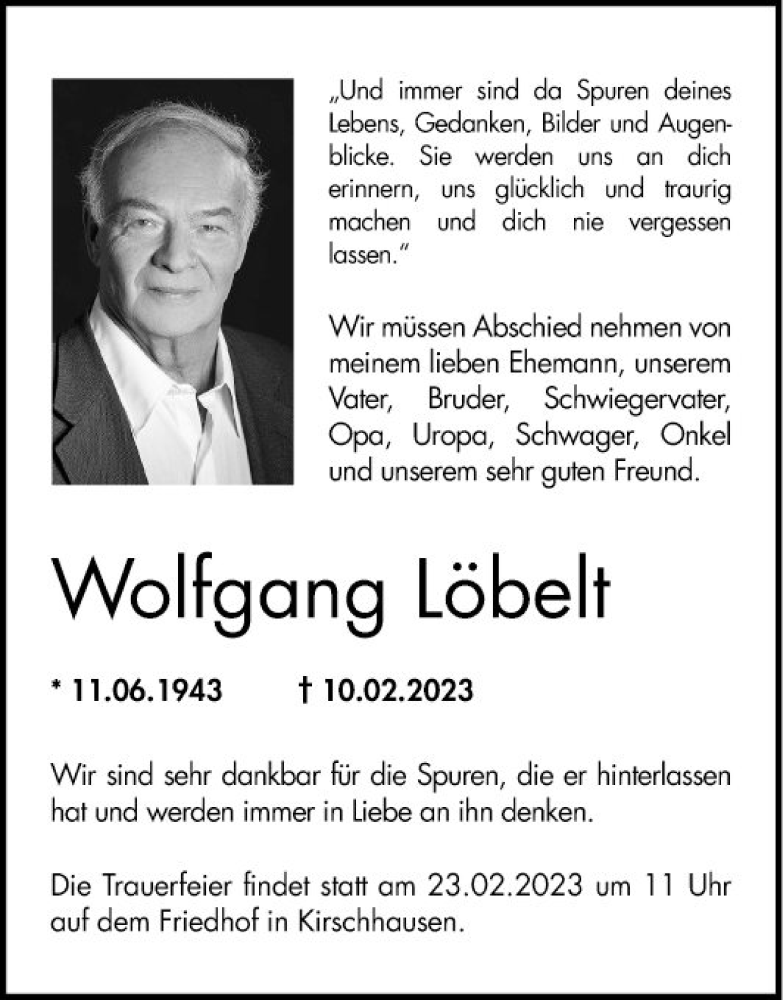  Traueranzeige für Wolfgang Löbelt vom 18.02.2023 aus Bergsträßer Anzeiger