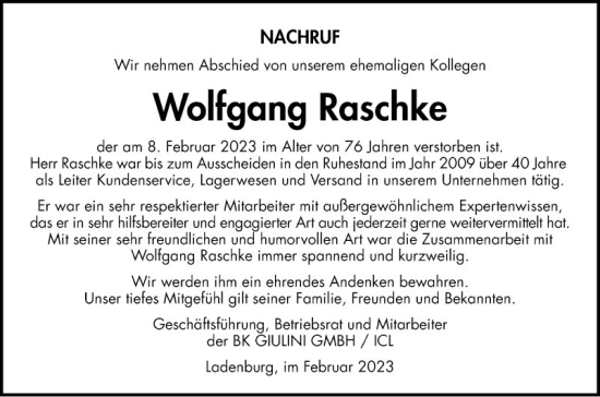 Traueranzeige von Wolfgang Raschke von Mannheimer Morgen