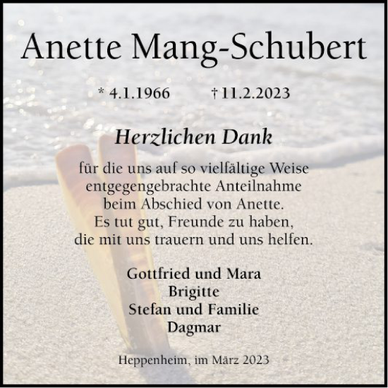 Traueranzeige von Anette Mang-Schubert von Bergsträßer Anzeiger