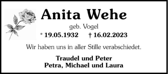 Traueranzeige von Anita Wehe von Mannheimer Morgen