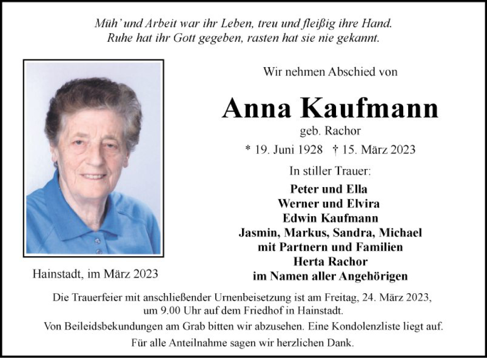  Traueranzeige für Anna Kaufmann vom 22.03.2023 aus Fränkische Nachrichten