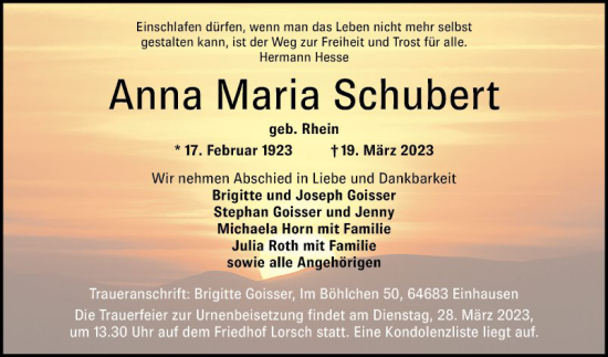 Traueranzeige von Anna Maria Schubert von Bergsträßer Anzeiger