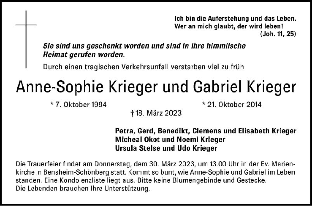  Traueranzeige für Anne-Sophie Krieger vom 25.03.2023 aus Bergsträßer Anzeiger