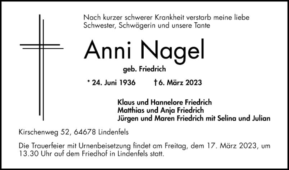  Traueranzeige für Anni Nagel vom 11.03.2023 aus Bergsträßer Anzeiger
