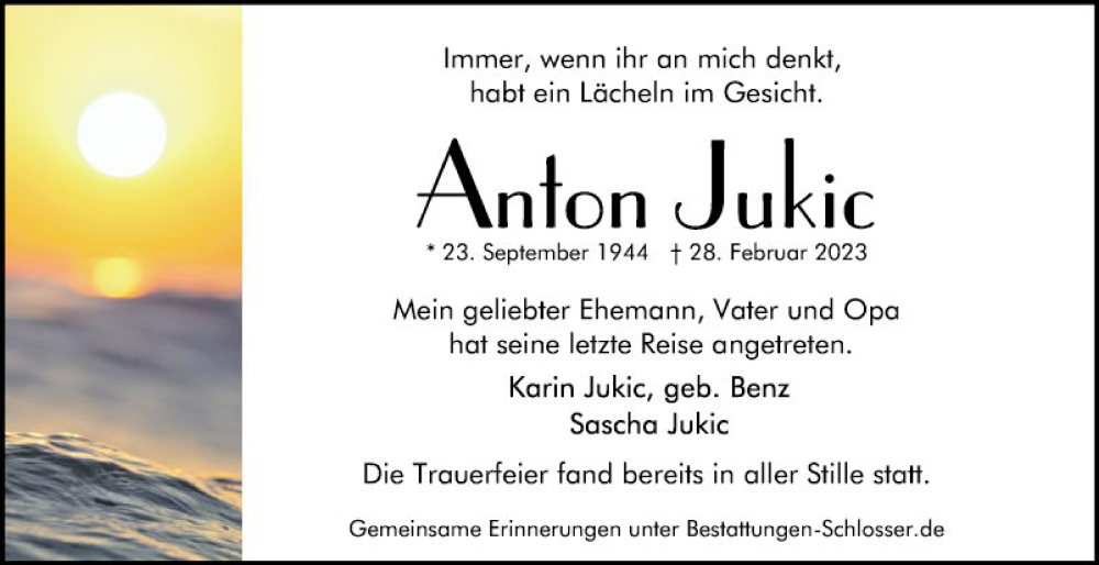  Traueranzeige für Anton Jukic vom 08.03.2023 aus Mannheimer Morgen