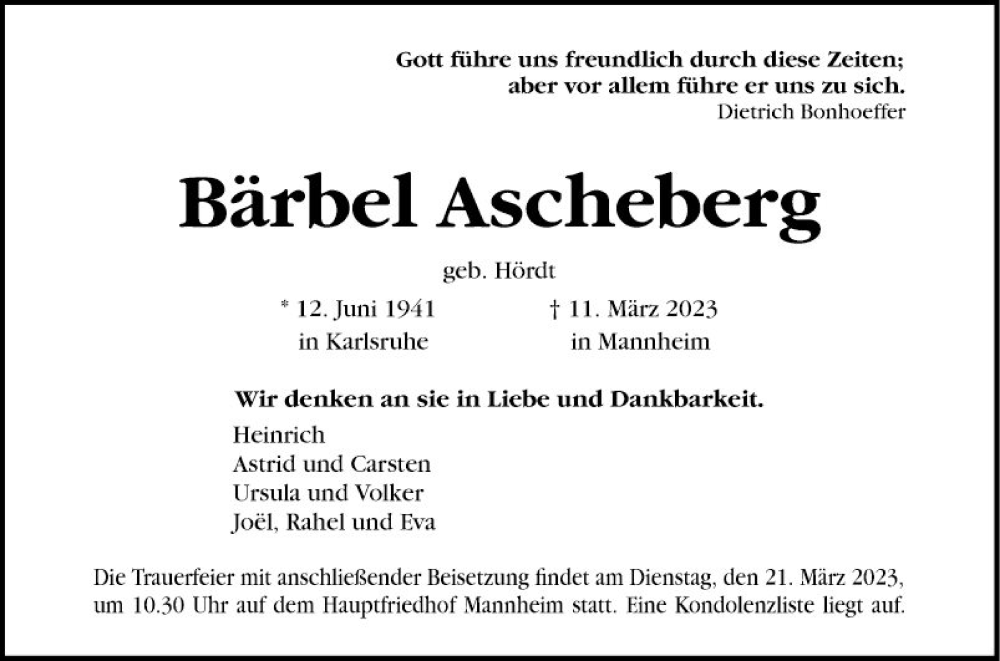  Traueranzeige für Bärbel Ascheberg vom 18.03.2023 aus Mannheimer Morgen