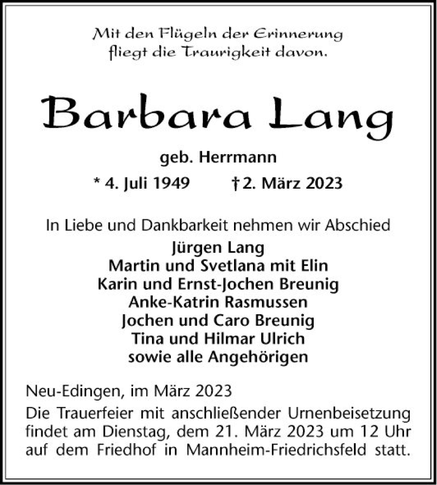  Traueranzeige für Barbara Lang vom 18.03.2023 aus Mannheimer Morgen