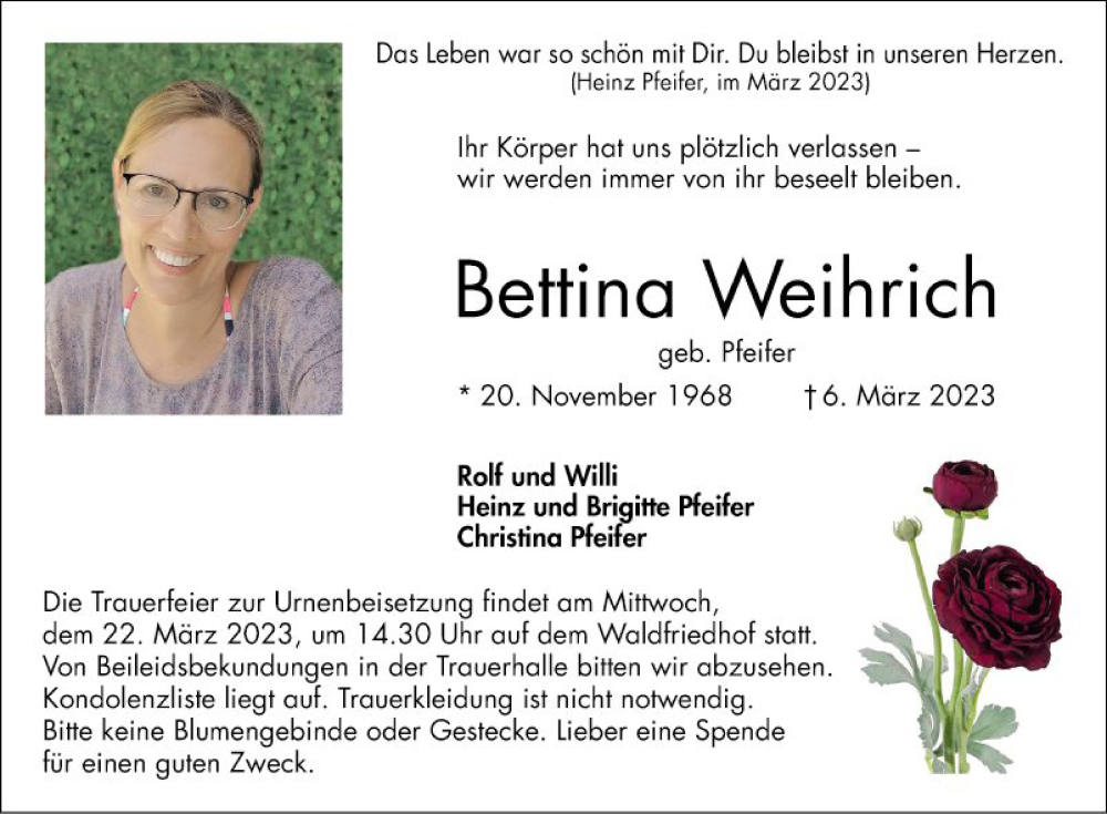  Traueranzeige für Bettina Weihrich vom 18.03.2023 aus Bergsträßer Anzeiger