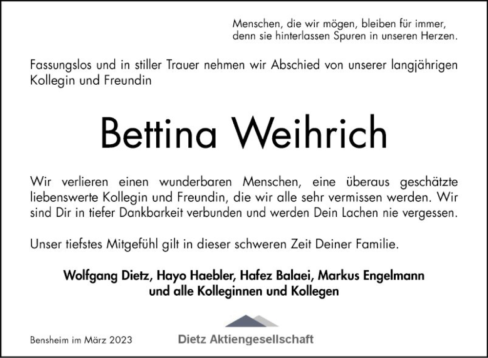  Traueranzeige für Bettina Weihrich vom 18.03.2023 aus Mannheimer Morgen