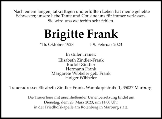 Traueranzeige von Brigitte Frank von Bergsträßer Anzeiger