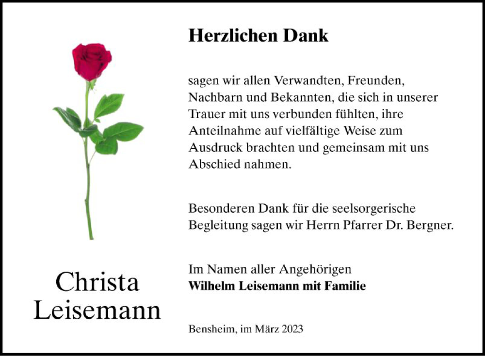  Traueranzeige für Christa Leisemann vom 18.03.2023 aus Bergsträßer Anzeiger