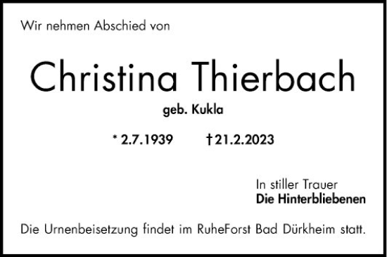 Traueranzeige von Christina Thierbach von Mannheimer Morgen
