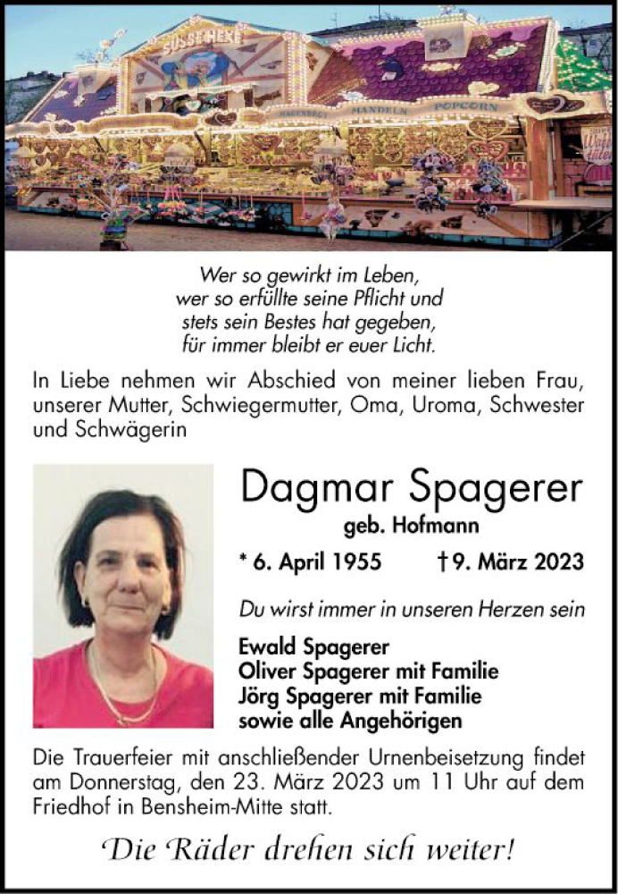  Traueranzeige für Dagmar Spagerer vom 18.03.2023 aus Bergsträßer Anzeiger
