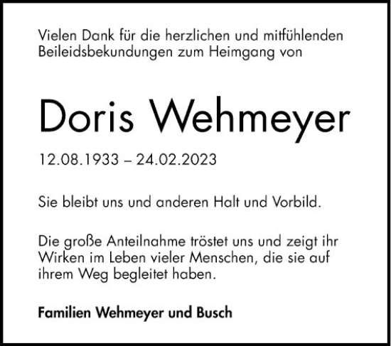 Traueranzeige von Doris Wehmeyer von Bergsträßer Anzeiger