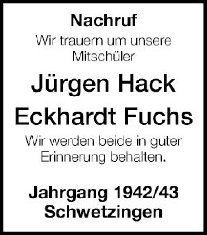  Traueranzeige für Eckhardt Fuchs vom 04.03.2023 aus Schwetzinger Zeitung